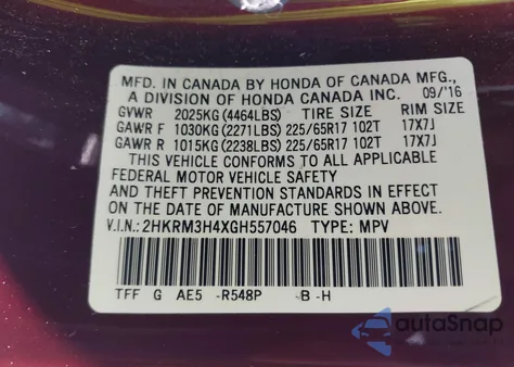 2016 Honda Cr-V Se из США, поврежденный, VIN 2HKRM3H4XGH557046